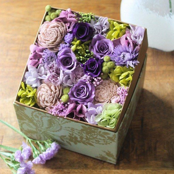 フラワー電報】祝電(松コース)とボックスフラワー Sサイズ(紫 フラワー電報】祝電(松コース)とボックスフラワー Sサイズ(紫