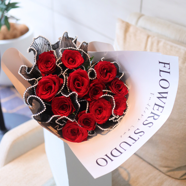 【赤い薔薇】 Manセット バラの花束】赤 薔薇 12本 ブーケ※パールラッピングmix‐サムライ