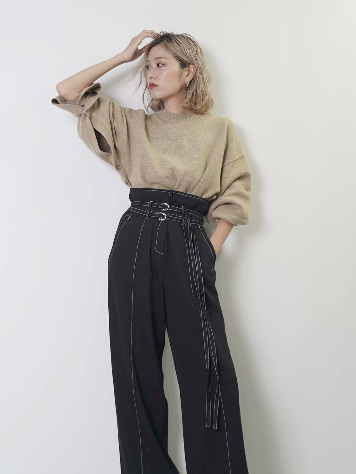 Double Belt H/W Pants -BLK- - LODIUM