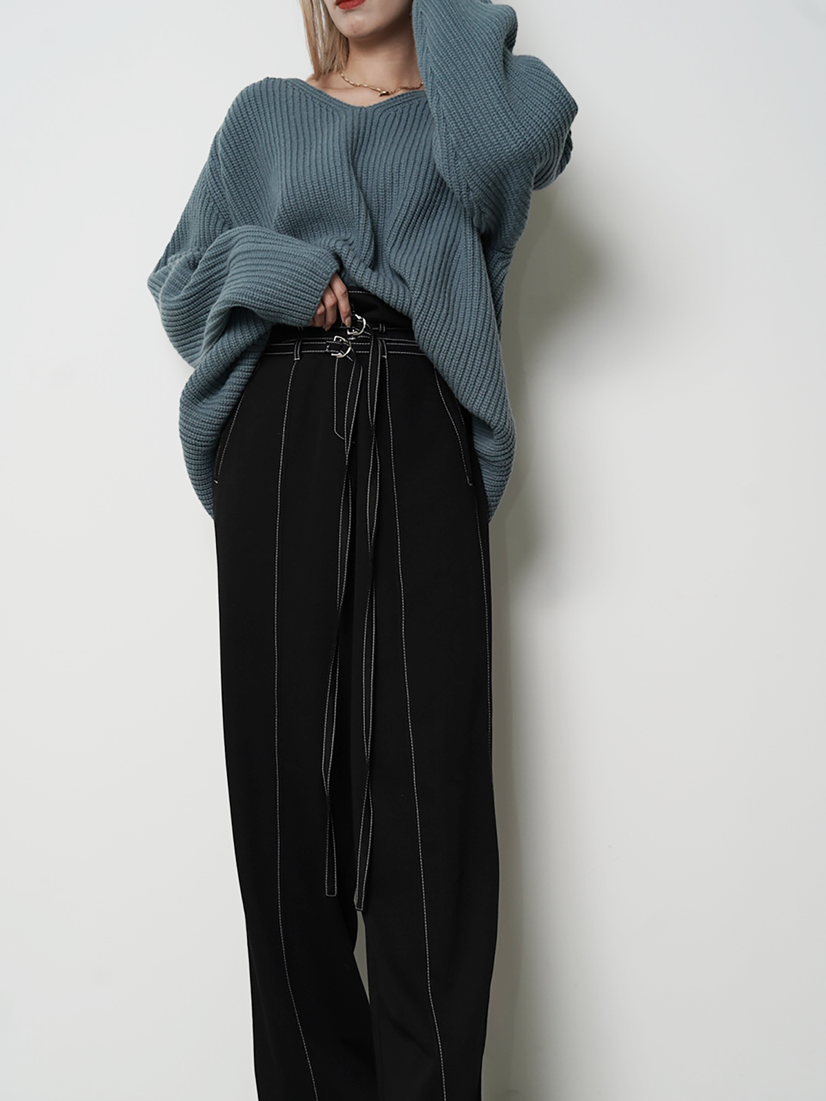 Double Belt H/W Pants -BLK- - LODIUM