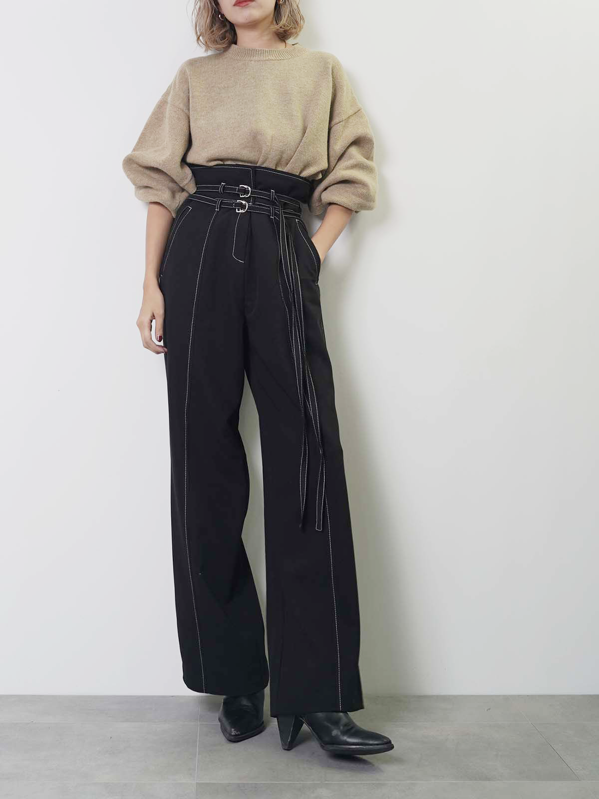 Double Belt H/W Pants -BLK- - LODIUM