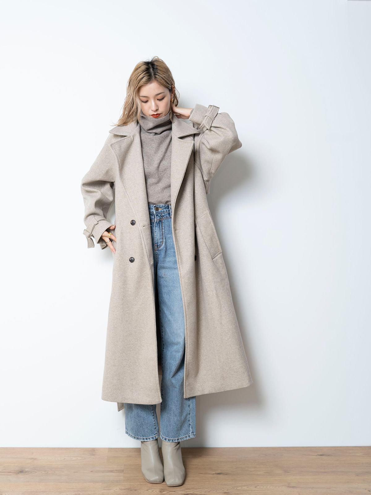 Wide collar Wool Coat -BEG- - LODIUM