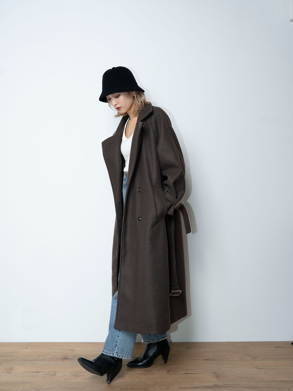 Wide collar Wool Coat -BRN- - LODIUM