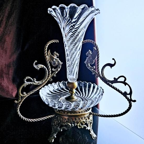 極上のオールドバカラ バンブーのセンターピース ガーゴイル金縁脚付