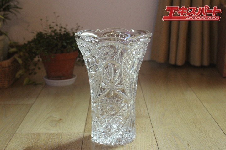 ボヘミアガラス フラワーベース 花瓶 22cm 未使用 クリスタルガラス ガラス チェコ 箱入り 辻堂店