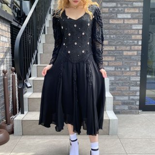 Bead Flower Lace Design Black Dress