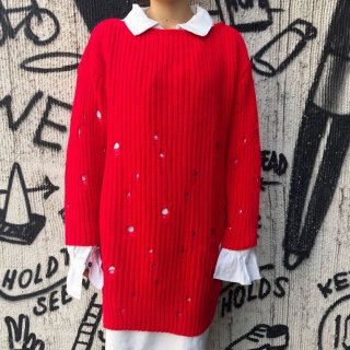 Red Damage Rib Long Sweater 