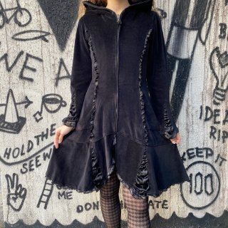 Frill black velour witch hoodie dress