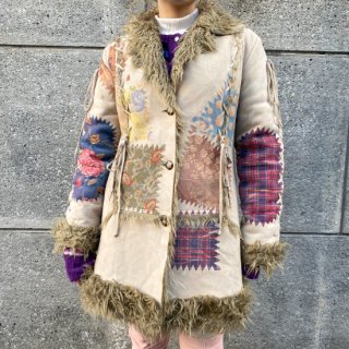 patchwork pattern fake mouton coat