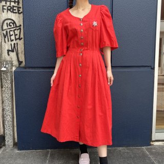 Flower Pocket Embroidery Red Dress