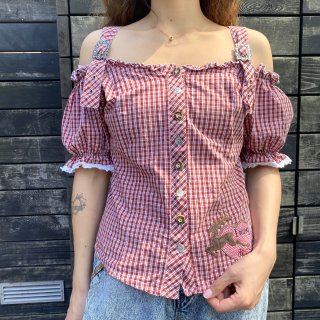 Red Check Open Shoulder Tyrol Top