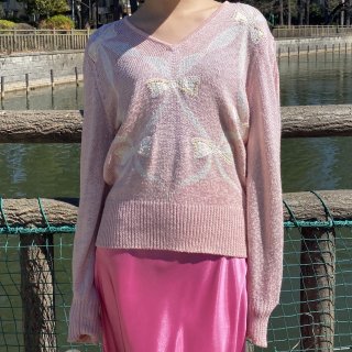 Ribbon v-neck knit sweater pink