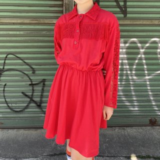 Lace sleeve fringe red dress