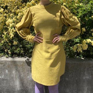 Mustard back open puff sleeve dress