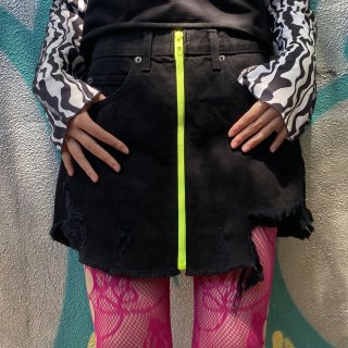 Neon zip black denim mini skirt