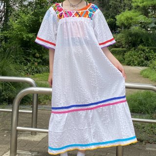 Colorful tape white cotton dress