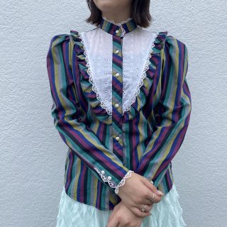 Stripe lace frill blouse