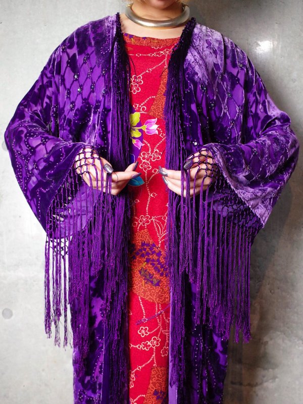 Purple Arabesque Velvet Fringe Gown