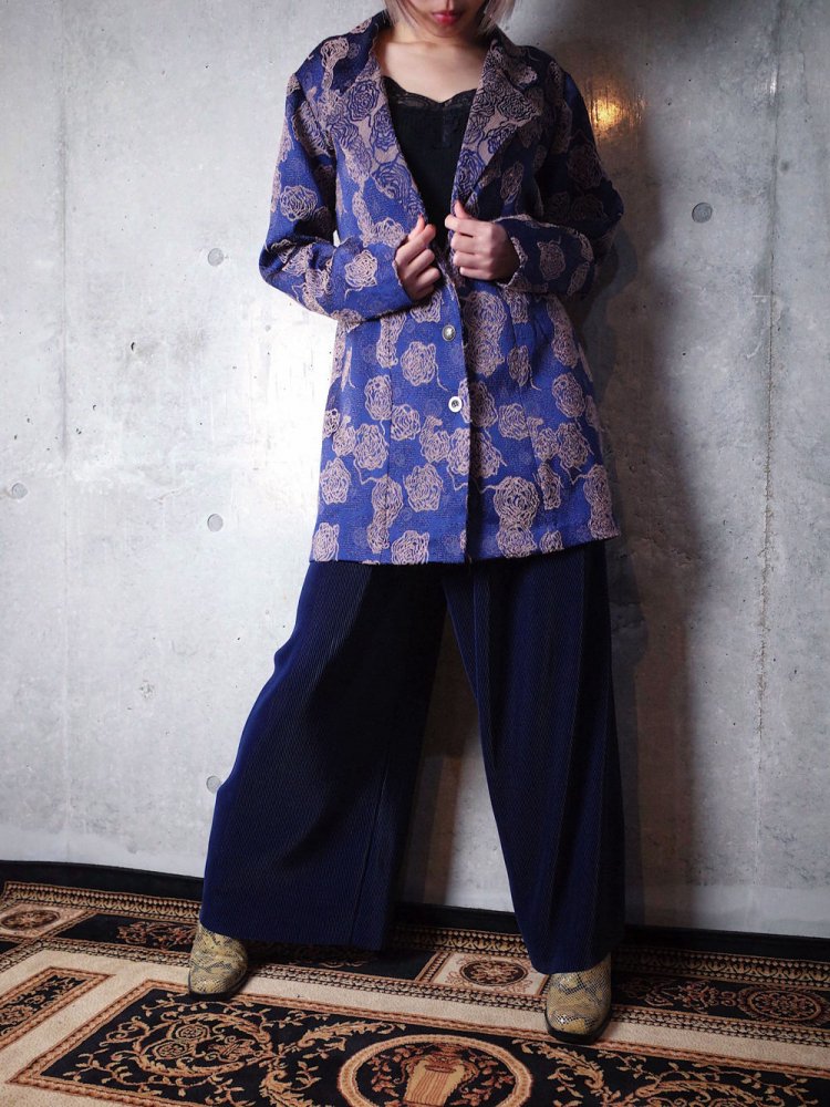 Flower Jacquard Jacket  Navy Pleats Wide Pants Set up