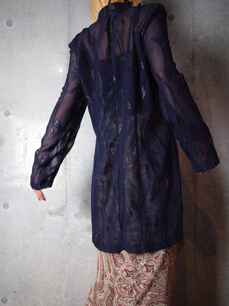 Deep Navy Art Nouveau Sheer Long China Shirt