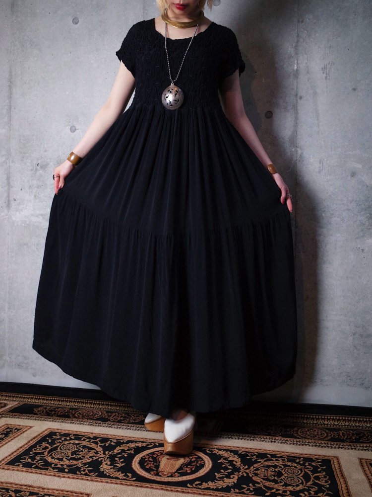 Gather & Tiered Black Rayon Dress