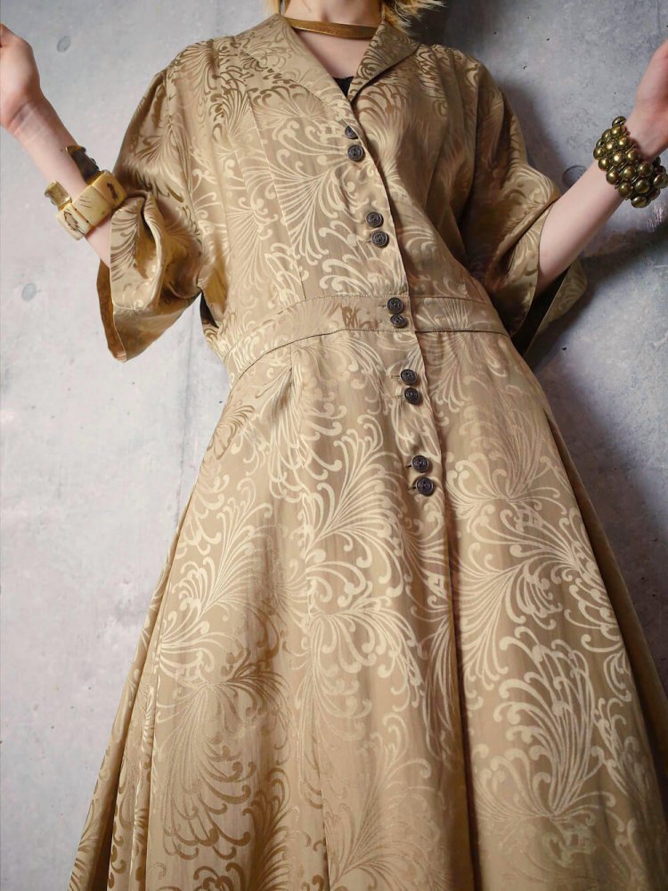 Champagne Gold Jacquard Silk Dress c.1980-90s