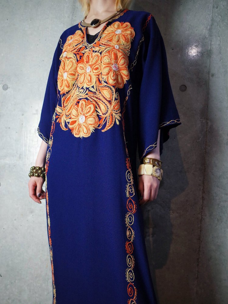 Deep Navy Rayon  Orange Embroidery Dress c.1970s