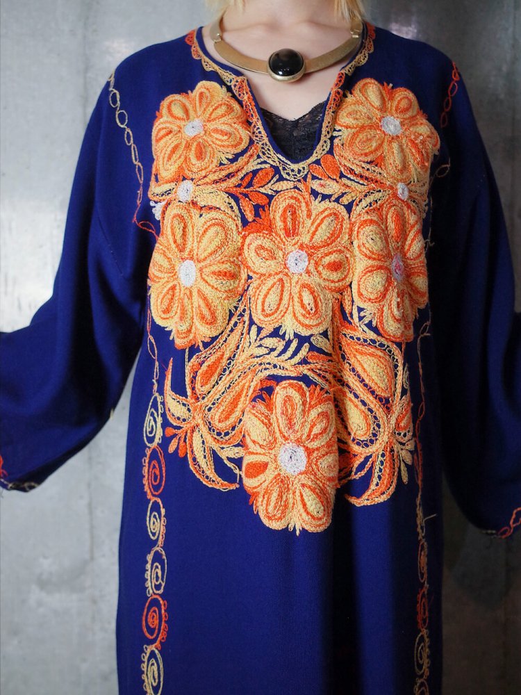 Deep Navy Rayon  Orange Embroidery Dress c.1970s