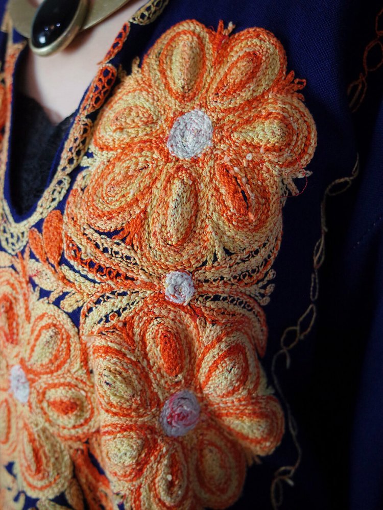 Deep Navy Rayon  Orange Embroidery Dress c.1970s