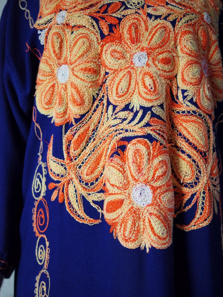 Deep Navy Rayon  Orange Embroidery Dress c.1970s