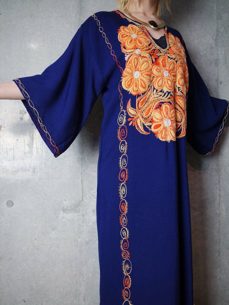 Deep Navy Rayon  Orange Embroidery Dress c.1970s