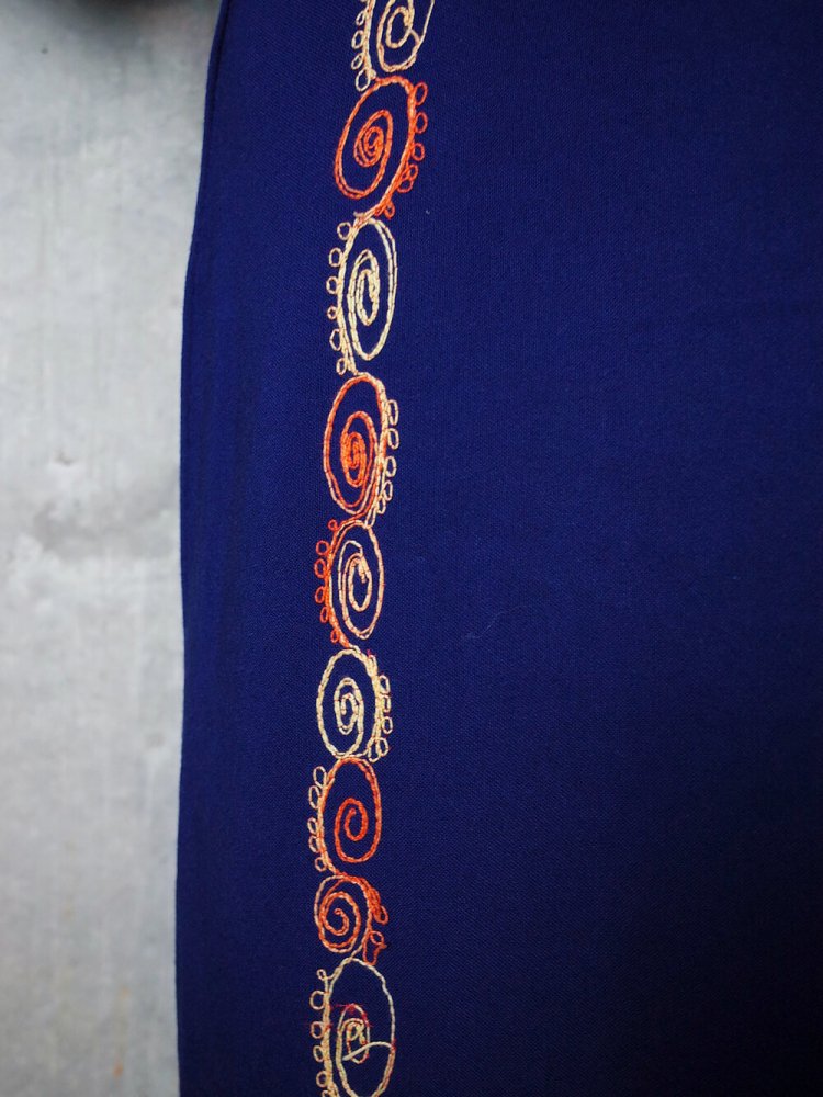 Deep Navy Rayon  Orange Embroidery Dress c.1970s