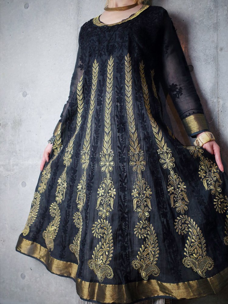 Gold Paisley Embroidery Black Sheer Dress