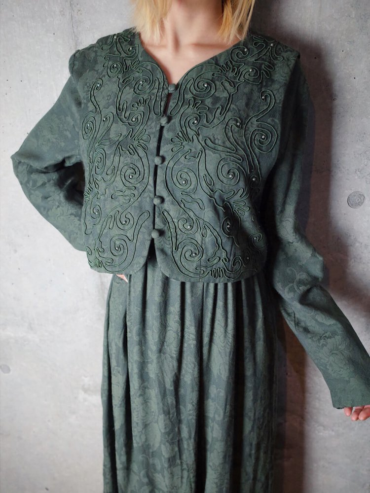 Embroidery & Jacquard Flower Smokey Green Dress