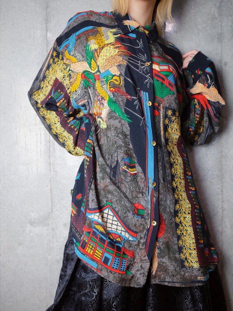 Oriental Pattern Rayon Big Silhouette Shirt