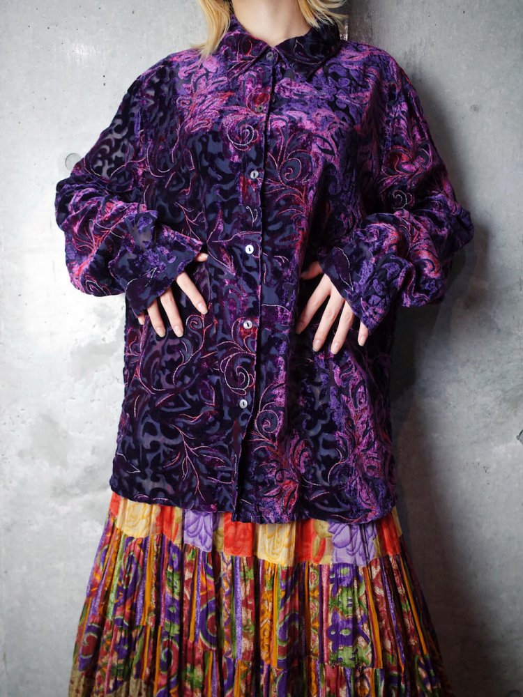 Deep Purple Gradation Arabesque Velvet/Sheer Shirt