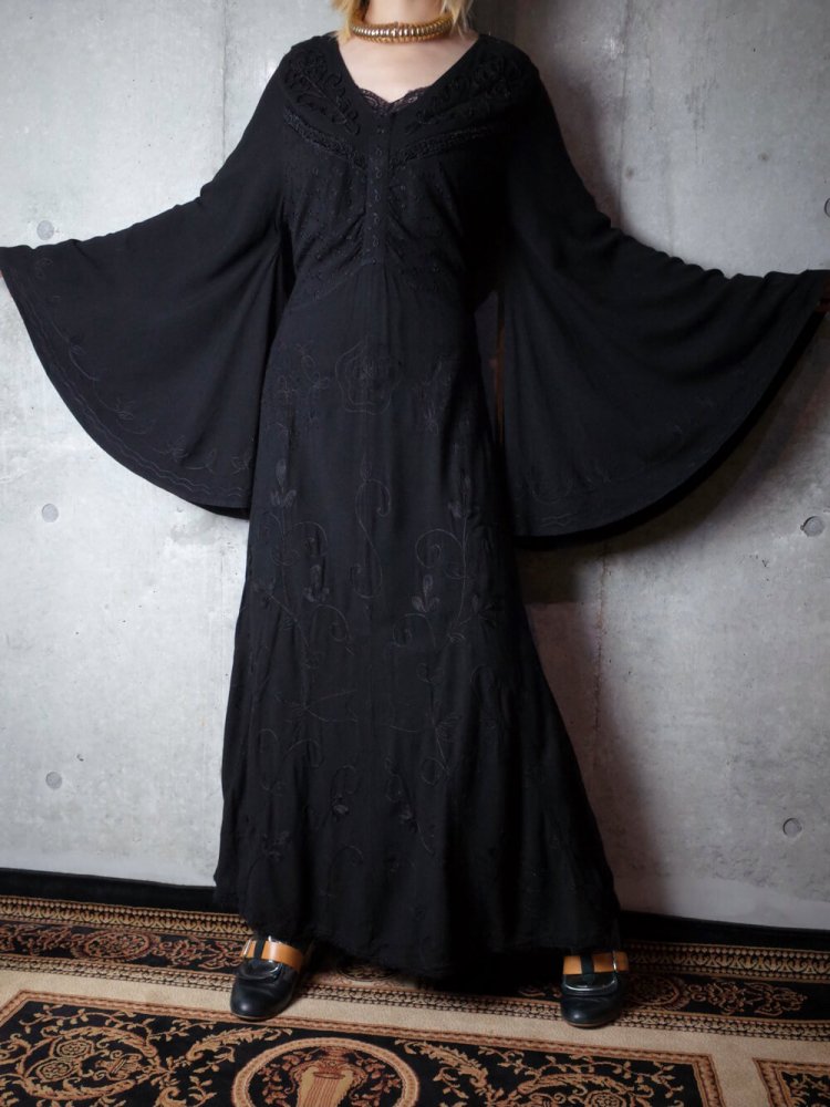 Embroidery Bell Sleeve Black Rayon Dress