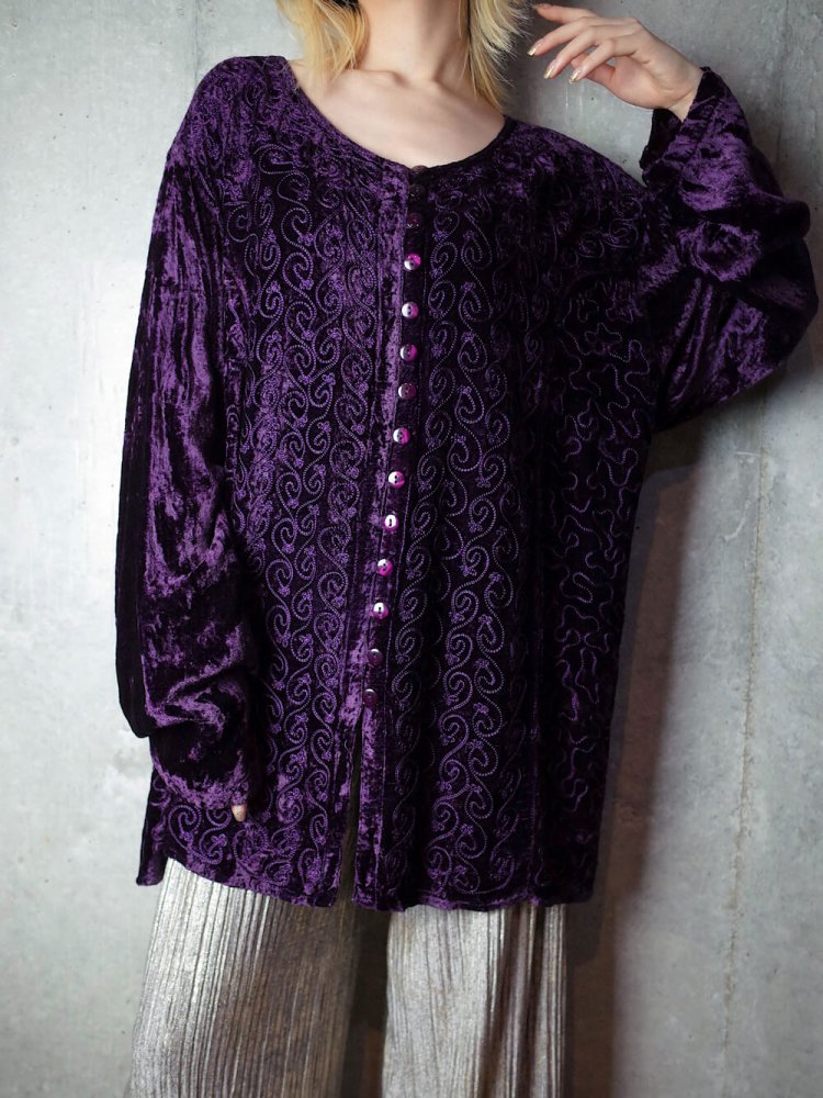 Deep Purple Embroidery Rayon Velvet Blouse