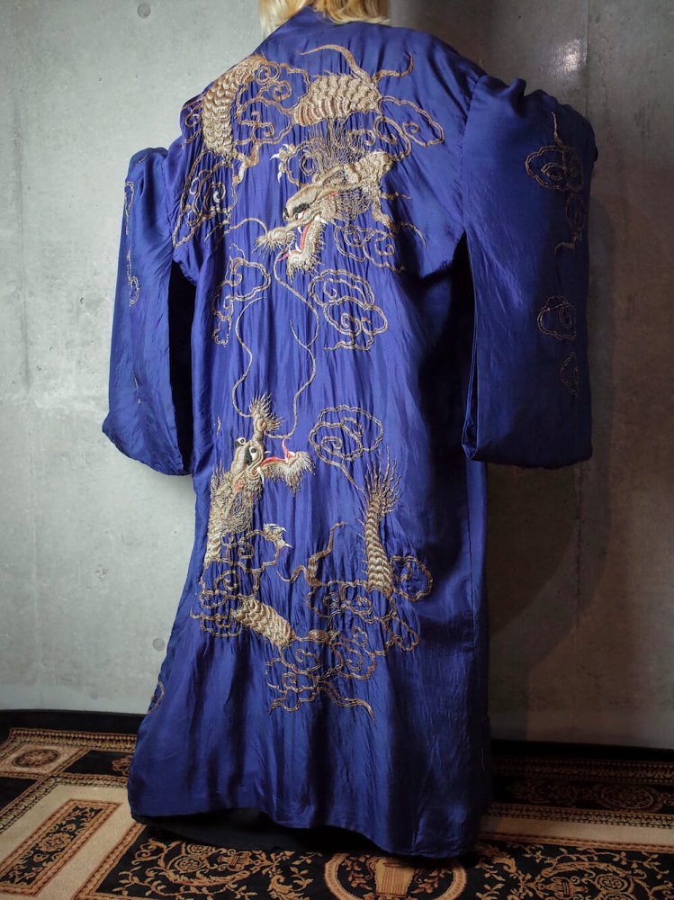 Navy/Gold Dragon Embroidery Silk Gown c.1920s