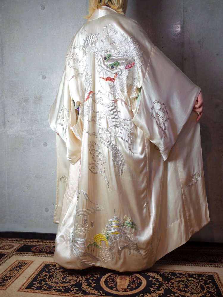 White/Silver Dragon Embroidery Silk Gown c.1920s