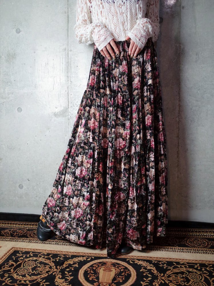 Flower Rayon Velvet Tiered Skirt