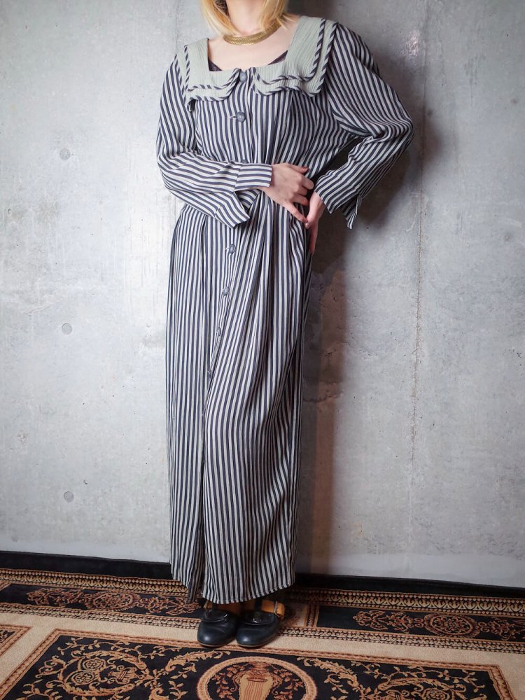 Square Neck Pin Stripe Front Open Dress