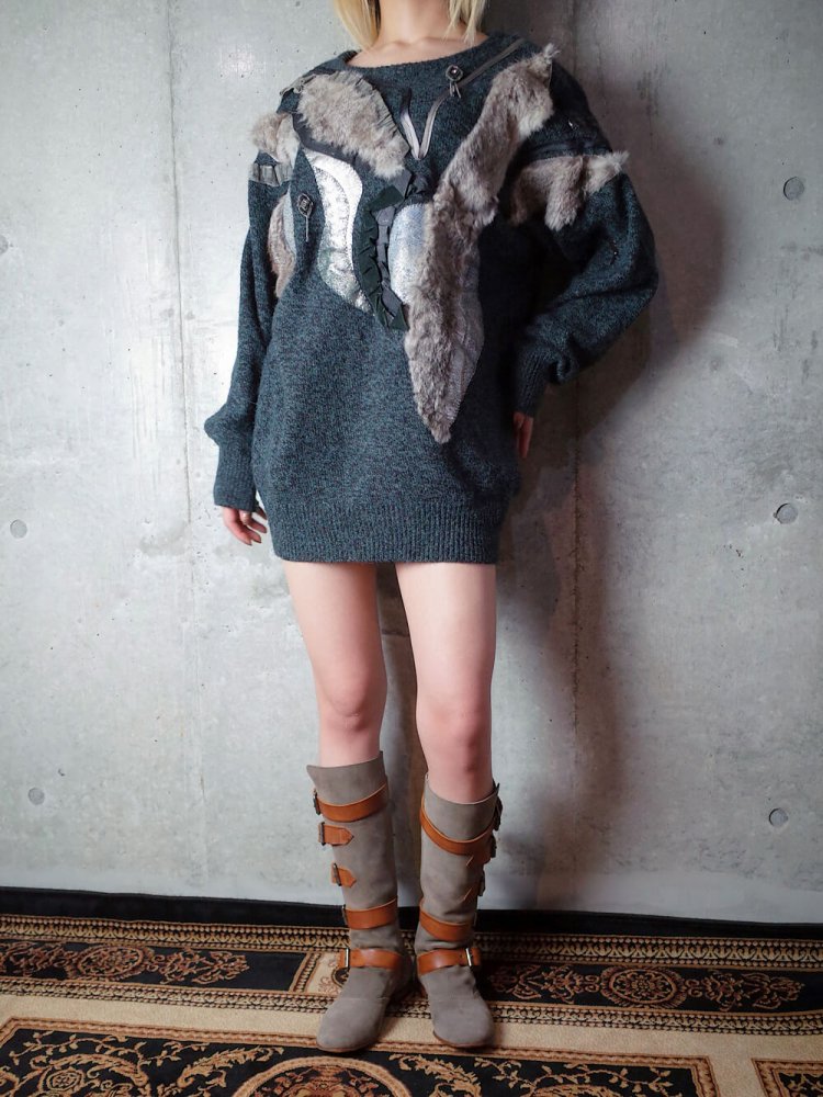 Fur & Leather Decorative Knit Sweater