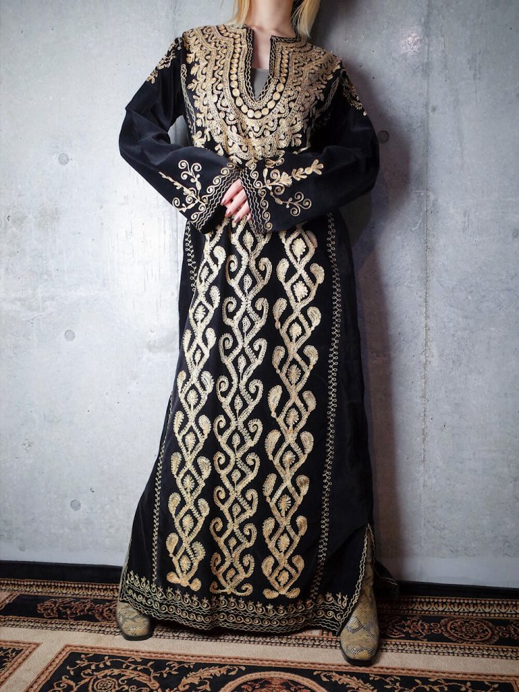 Black Velvet  Gold Embroidery Dress