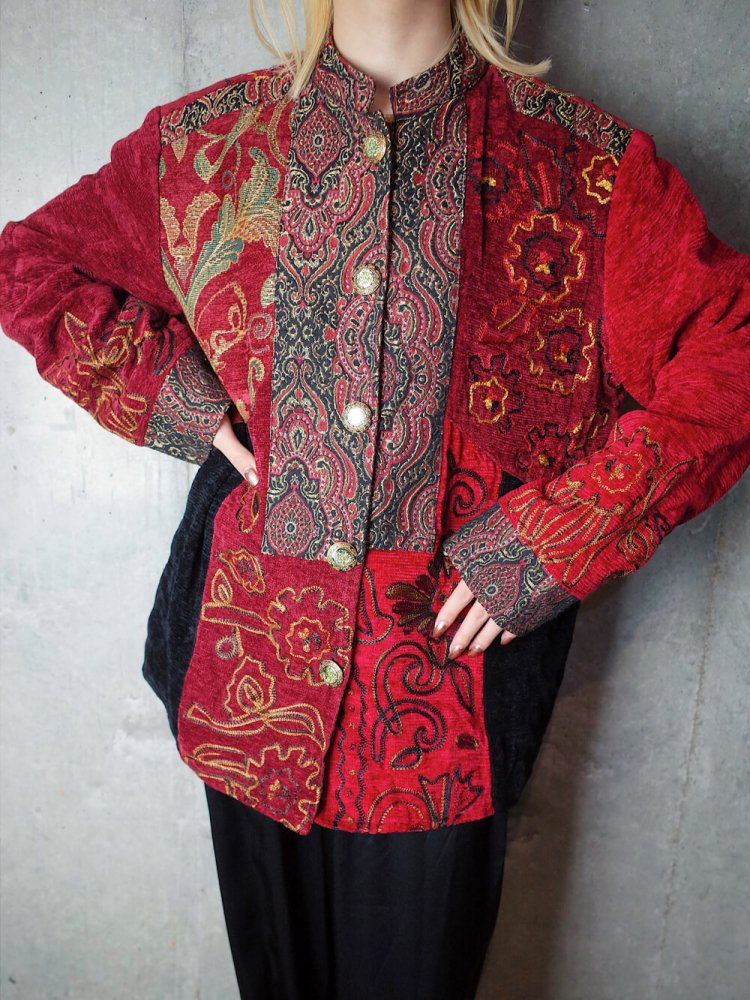 Jacquard Paisley & Embroidery Mao Collar Jacket