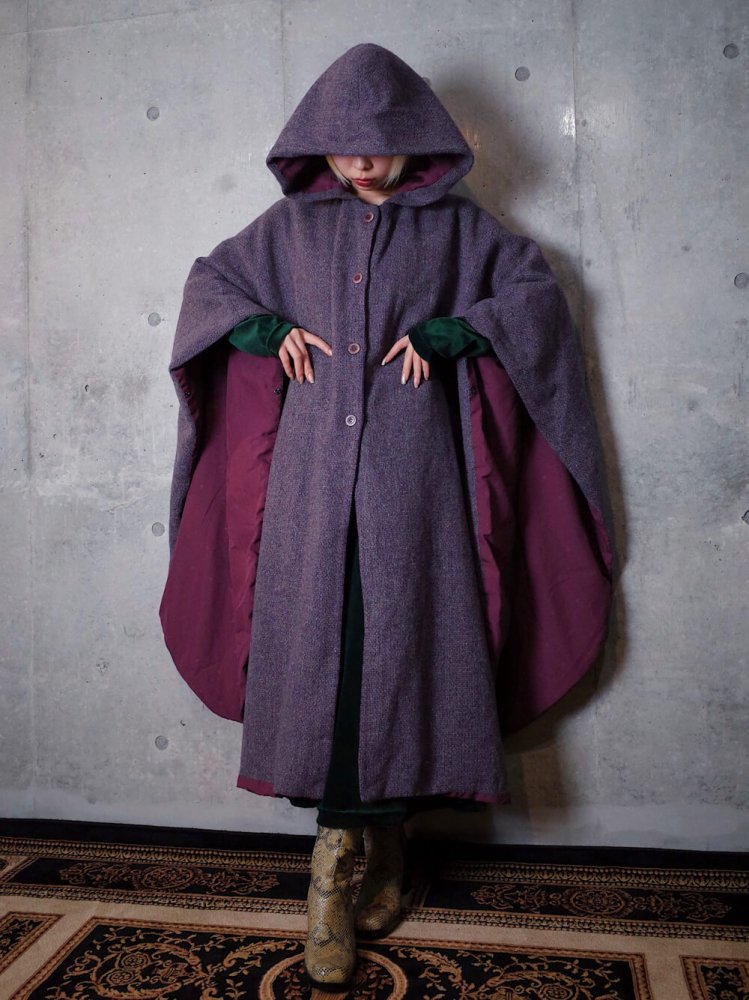 Purple Nep Wool Hoodie Cape Coat