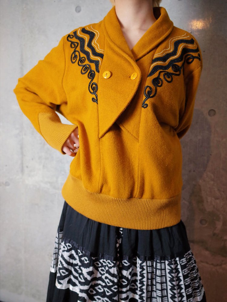 Mustard Yoke Embroidery Pullover Tops