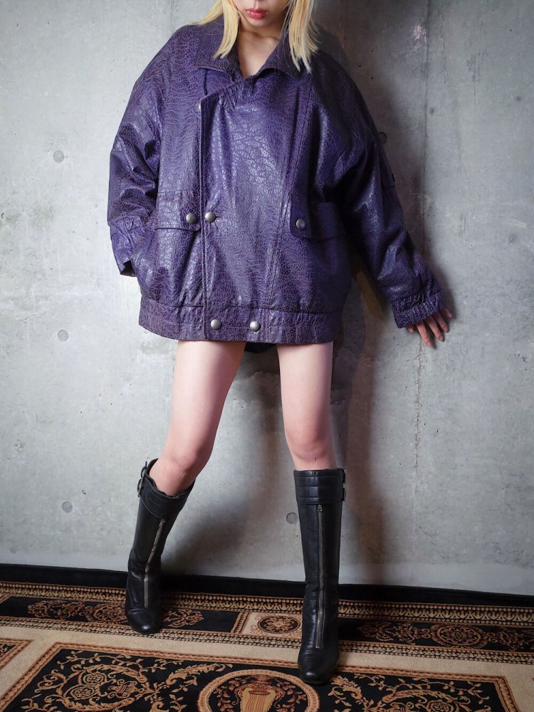 Cell Pattern Purple Leather Double Jacket