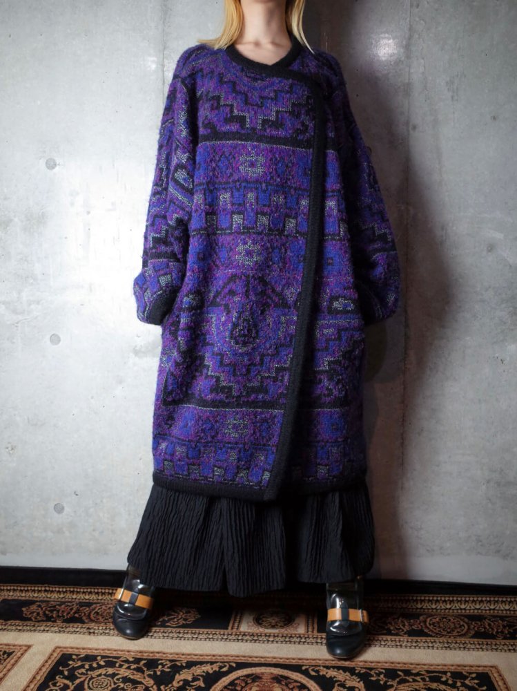 Blue/Purple Gradation Geometric Knit Coat