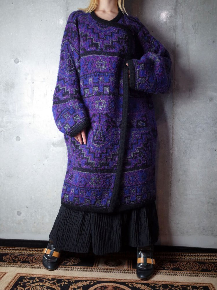 Blue/Purple Gradation Geometric Knit Coat